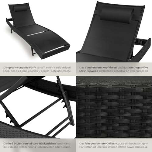 tectake® Sonnenliege, 6-Fach verstellbare Rückenlehne, Gartenliege wetterfest, Poolliege mit Kopfkissen, Outdoor Liege, UV-beständig, Strandliege für Garten, Terrasse und Balkon - schwarz – Bild 6
