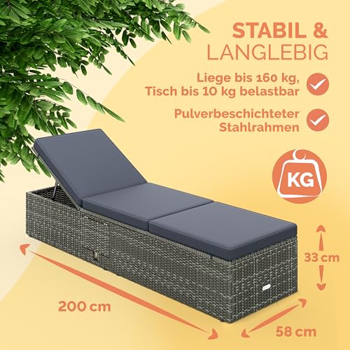 Casaria® Sonnenliege mit Klapptisch 7cm Auflagen Wetterfest Gartenliegen 160kg Belastbar Gartenmöbel Liegestuhl Polyrattan Grau Anthrazit 200x58cm – Bild 2