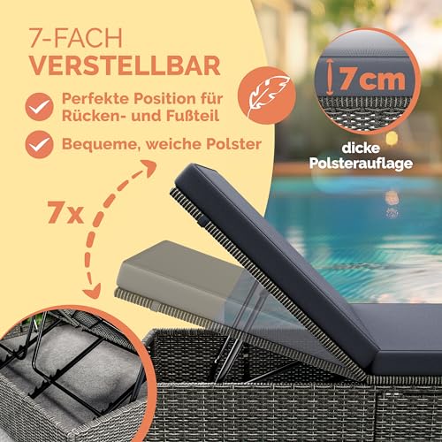 Casaria® Sonnenliege mit Klapptisch 7cm Auflagen Wetterfest Gartenliegen 160kg Belastbar Gartenmöbel Liegestuhl Polyrattan Grau Anthrazit 200x58cm – Bild 5