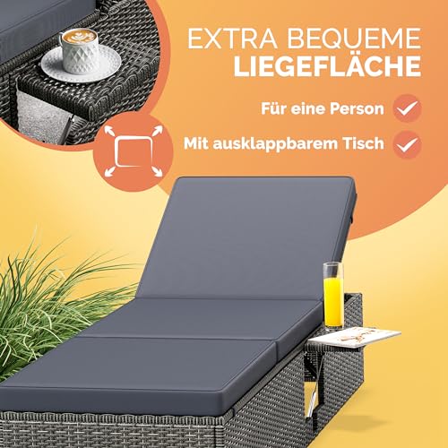 Casaria® Sonnenliege mit Klapptisch 7cm Auflagen Wetterfest Gartenliegen 160kg Belastbar Gartenmöbel Liegestuhl Polyrattan Grau Anthrazit 200x58cm – Bild 6