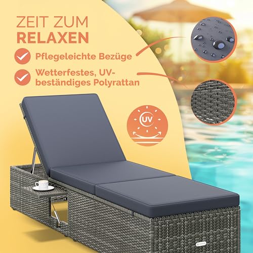 Casaria® Sonnenliege mit Klapptisch 7cm Auflagen Wetterfest Gartenliegen 160kg Belastbar Gartenmöbel Liegestuhl Polyrattan Grau Anthrazit 200x58cm – Bild 3