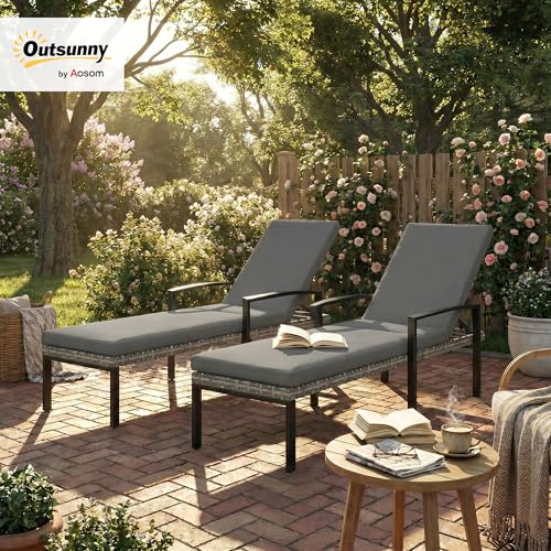 Outsunny 2er Set Sonnenliege Polyrattan Gartenliege mit 5-Fach verstellbar Rückenlehne abnehmbar Auflage, wetterfest Outdoor Liegestuhl bis 120kg Gartenmöbel Relaxliege für Garten Pool Strand Hellgrau – Bild 2