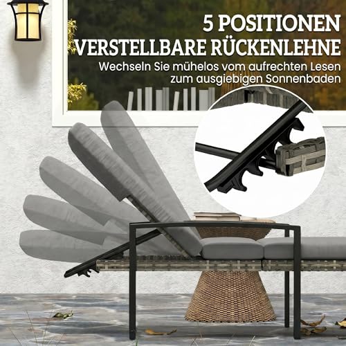 Outsunny 2er Set Sonnenliege Polyrattan Gartenliege mit 5-Fach verstellbar Rückenlehne abnehmbar Auflage, wetterfest Outdoor Liegestuhl bis 120kg Gartenmöbel Relaxliege für Garten Pool Strand Hellgrau – Bild 4