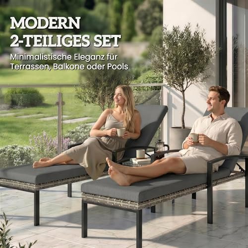 Outsunny 2er Set Sonnenliege Polyrattan Gartenliege mit 5-Fach verstellbar Rückenlehne abnehmbar Auflage, wetterfest Outdoor Liegestuhl bis 120kg Gartenmöbel Relaxliege für Garten Pool Strand Hellgrau – Bild 7