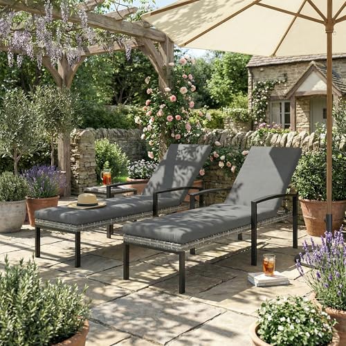 Outsunny 2er Set Sonnenliege Polyrattan Gartenliege mit 5-Fach verstellbar Rückenlehne abnehmbar Auflage, wetterfest Outdoor Liegestuhl bis 120kg Gartenmöbel Relaxliege für Garten Pool Strand Hellgrau – Bild 9