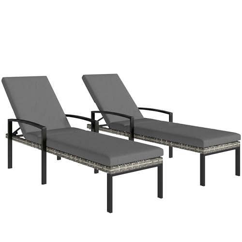 Outsunny 2er Set Sonnenliege Polyrattan Gartenliege mit 5-Fach verstellbar Rückenlehne abnehmbar Auflage, wetterfest Outdoor Liegestuhl bis 120kg Gartenmöbel Relaxliege für Garten Pool Strand Hellgrau