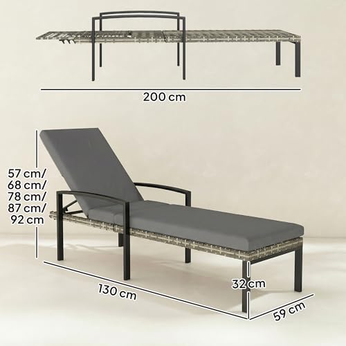 Outsunny 2er Set Sonnenliege Polyrattan Gartenliege mit 5-Fach verstellbar Rückenlehne abnehmbar Auflage, wetterfest Outdoor Liegestuhl bis 120kg Gartenmöbel Relaxliege für Garten Pool Strand Hellgrau – Bild 3