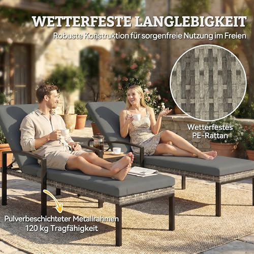 Outsunny 2er Set Sonnenliege Polyrattan Gartenliege mit 5-Fach verstellbar Rückenlehne abnehmbar Auflage, wetterfest Outdoor Liegestuhl bis 120kg Gartenmöbel Relaxliege für Garten Pool Strand Hellgrau – Bild 6