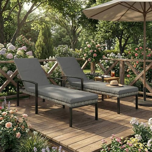 Outsunny 2er Set Sonnenliege Polyrattan Gartenliege mit 5-Fach verstellbar Rückenlehne abnehmbar Auflage, wetterfest Outdoor Liegestuhl bis 120kg Gartenmöbel Relaxliege für Garten Pool Strand Hellgrau – Bild 8