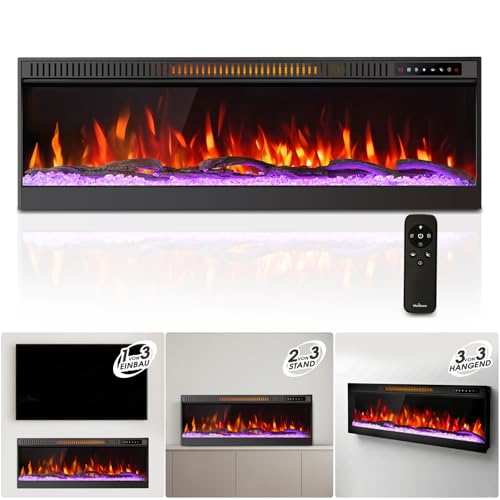 Mexhom Elektrokamin 106,68cm (42 Zoll) Ultradünner Wandkamin, 12 Flammenmodi, geräuscharm, versenkte Montage, Glas-Touchscreen & Fernbedienung, mit Kristall & Holzscheit