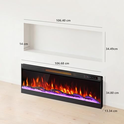 Mexhom Elektrokamin 106,68cm (42 Zoll) Ultradünner Wandkamin, 12 Flammenmodi, geräuscharm, versenkte Montage, Glas-Touchscreen & Fernbedienung, mit Kristall & Holzscheit – Bild 2