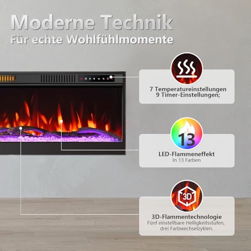 Mexhom Elektrokamin 106,68cm (42 Zoll) Ultradünner Wandkamin, 12 Flammenmodi, geräuscharm, versenkte Montage, Glas-Touchscreen & Fernbedienung, mit Kristall & Holzscheit – Bild 3