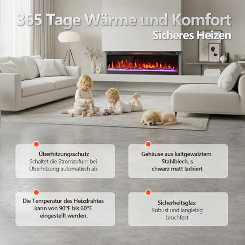 Mexhom Elektrokamin 106,68cm (42 Zoll) Ultradünner Wandkamin, 12 Flammenmodi, geräuscharm, versenkte Montage, Glas-Touchscreen & Fernbedienung, mit Kristall & Holzscheit – Bild 4