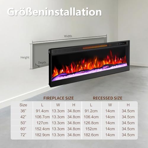 Mexhom Elektrokamin 106,68cm (42 Zoll) Ultradünner Wandkamin, 12 Flammenmodi, geräuscharm, versenkte Montage, Glas-Touchscreen & Fernbedienung, mit Kristall & Holzscheit – Bild 5
