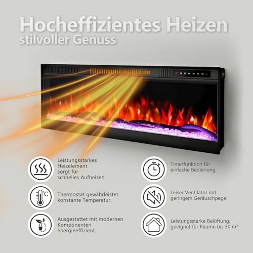 Mexhom Elektrokamin 106,68cm (42 Zoll) Ultradünner Wandkamin, 12 Flammenmodi, geräuscharm, versenkte Montage, Glas-Touchscreen & Fernbedienung, mit Kristall & Holzscheit – Bild 6