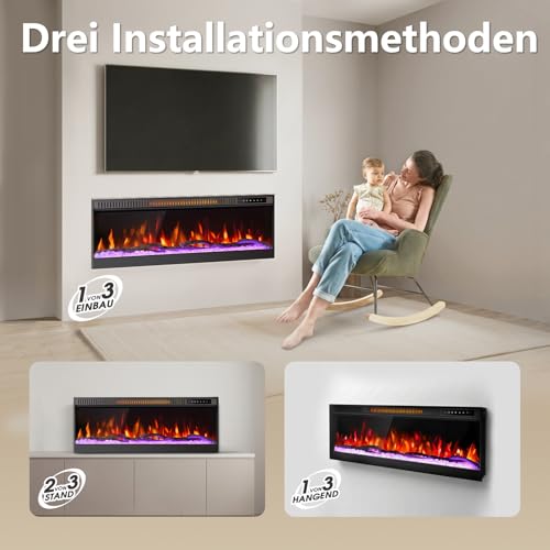 Mexhom Elektrokamin 106,68cm (42 Zoll) Ultradünner Wandkamin, 12 Flammenmodi, geräuscharm, versenkte Montage, Glas-Touchscreen & Fernbedienung, mit Kristall & Holzscheit – Bild 7