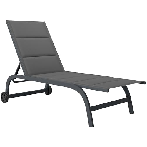 Outsunny Sonnenliege Atmungsaktive Gartenliege mit 6-Fach Verstellbar Rückenlehne Rädern Aluminiumrahmen, gepolsterter Liegestuhl bis 120 kg Relaxliege Gartenmöbel für Garten Terrasse Pool Dunkelgrau