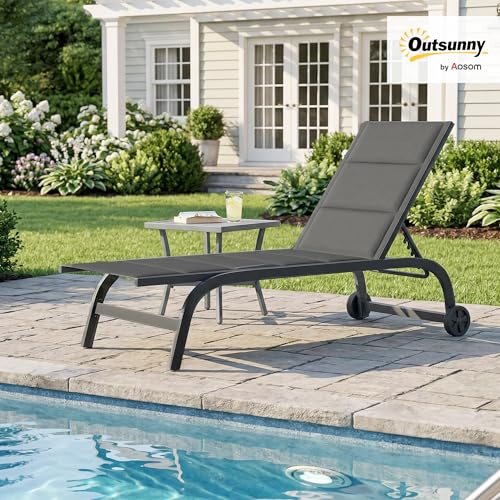 Outsunny Sonnenliege Atmungsaktive Gartenliege mit 6-Fach Verstellbar Rückenlehne Rädern Aluminiumrahmen, gepolsterter Liegestuhl bis 120 kg Relaxliege Gartenmöbel für Garten Terrasse Pool Dunkelgrau – Bild 2
