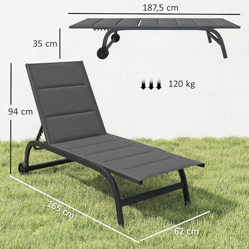 Outsunny Sonnenliege Atmungsaktive Gartenliege mit 6-Fach Verstellbar Rückenlehne Rädern Aluminiumrahmen, gepolsterter Liegestuhl bis 120 kg Relaxliege Gartenmöbel für Garten Terrasse Pool Dunkelgrau – Bild 3