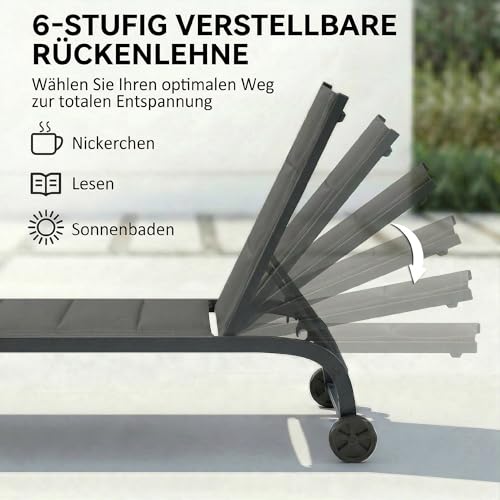 Outsunny Sonnenliege Atmungsaktive Gartenliege mit 6-Fach Verstellbar Rückenlehne Rädern Aluminiumrahmen, gepolsterter Liegestuhl bis 120 kg Relaxliege Gartenmöbel für Garten Terrasse Pool Dunkelgrau – Bild 4