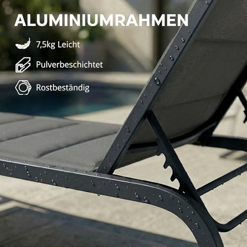 Outsunny Sonnenliege Atmungsaktive Gartenliege mit 6-Fach Verstellbar Rückenlehne Rädern Aluminiumrahmen, gepolsterter Liegestuhl bis 120 kg Relaxliege Gartenmöbel für Garten Terrasse Pool Dunkelgrau – Bild 5