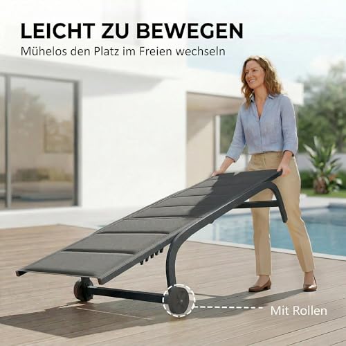 Outsunny Sonnenliege Atmungsaktive Gartenliege mit 6-Fach Verstellbar Rückenlehne Rädern Aluminiumrahmen, gepolsterter Liegestuhl bis 120 kg Relaxliege Gartenmöbel für Garten Terrasse Pool Dunkelgrau – Bild 6