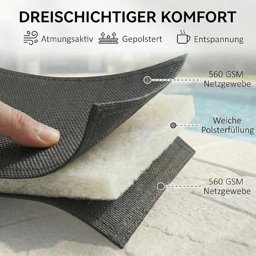 Outsunny Sonnenliege Atmungsaktive Gartenliege mit 6-Fach Verstellbar Rückenlehne Rädern Aluminiumrahmen, gepolsterter Liegestuhl bis 120 kg Relaxliege Gartenmöbel für Garten Terrasse Pool Dunkelgrau – Bild 7