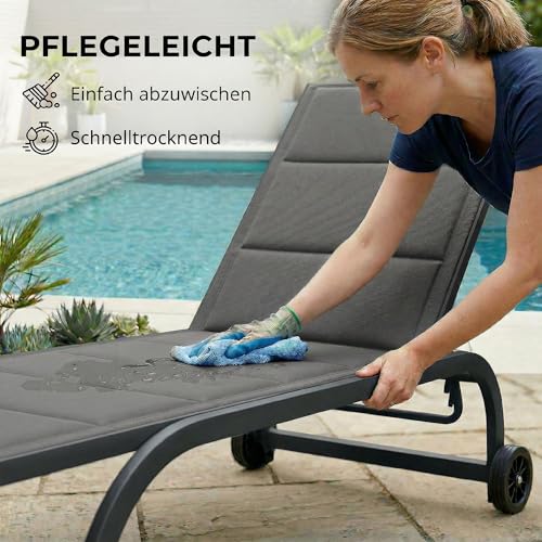 Outsunny Sonnenliege Atmungsaktive Gartenliege mit 6-Fach Verstellbar Rückenlehne Rädern Aluminiumrahmen, gepolsterter Liegestuhl bis 120 kg Relaxliege Gartenmöbel für Garten Terrasse Pool Dunkelgrau – Bild 8