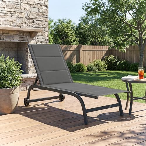 Outsunny Sonnenliege Atmungsaktive Gartenliege mit 6-Fach Verstellbar Rückenlehne Rädern Aluminiumrahmen, gepolsterter Liegestuhl bis 120 kg Relaxliege Gartenmöbel für Garten Terrasse Pool Dunkelgrau – Bild 9