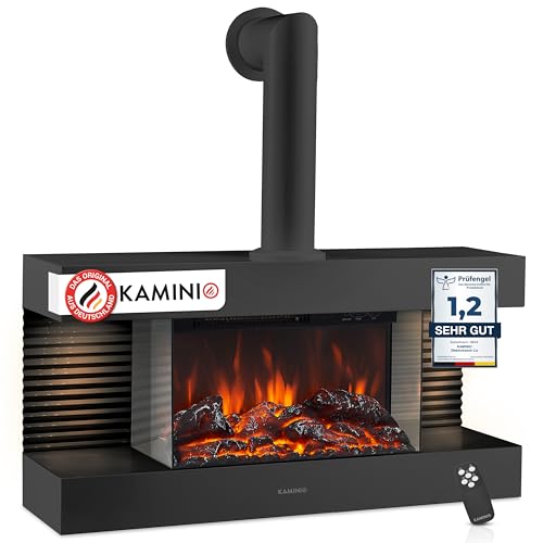 KAMINIO Elektrokamin Liz mit Ofenrohr - Elektrischer Wandkamin mit Heizung, 3D-Flammeneffekt, LED-Ambientelicht, Fernbedienung (Schwarz)