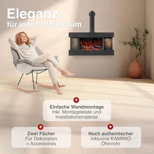 KAMINIO Elektrokamin Liz mit Ofenrohr - Elektrischer Wandkamin mit Heizung, 3D-Flammeneffekt, LED-Ambientelicht, Fernbedienung (Schwarz) – Bild 2