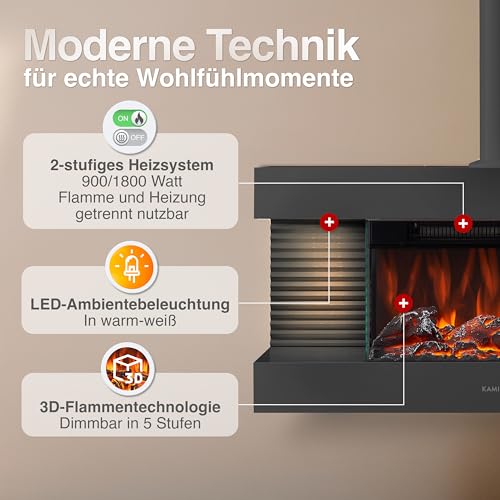 KAMINIO Elektrokamin Liz mit Ofenrohr - Elektrischer Wandkamin mit Heizung, 3D-Flammeneffekt, LED-Ambientelicht, Fernbedienung (Schwarz) – Bild 3