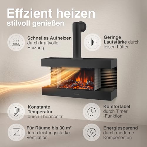 KAMINIO Elektrokamin Liz mit Ofenrohr - Elektrischer Wandkamin mit Heizung, 3D-Flammeneffekt, LED-Ambientelicht, Fernbedienung (Schwarz) – Bild 4