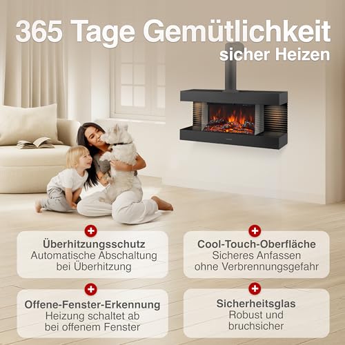 KAMINIO Elektrokamin Liz mit Ofenrohr - Elektrischer Wandkamin mit Heizung, 3D-Flammeneffekt, LED-Ambientelicht, Fernbedienung (Schwarz) – Bild 5