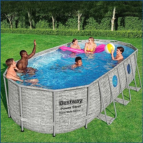 Bestway Power Steel Swim Vista Series Frame Pool Komplett-Set mit Filterpumpe 549 x 274 x 122 cm, Steinwand-Optik (Cremegrau), oval – Bild 2
