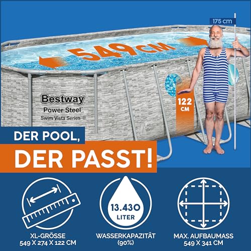 Bestway Power Steel Swim Vista Series Frame Pool Komplett-Set mit Filterpumpe 549 x 274 x 122 cm, Steinwand-Optik (Cremegrau), oval – Bild 3