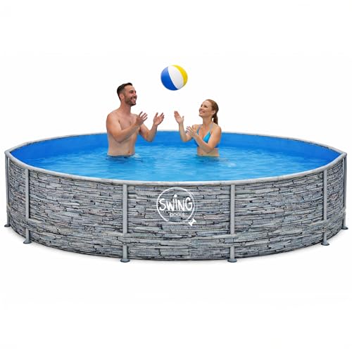 HAF - Swing Frame Pool rund Stein-Optik (Ø 366 cm, 91 cm tief) - Gartenpool mit 8.300 Liter - Robust, UV-geschützt & korrosionsbeständig - Stabiler Metallrahmen - Schnellaufbau ohne Werkzeug