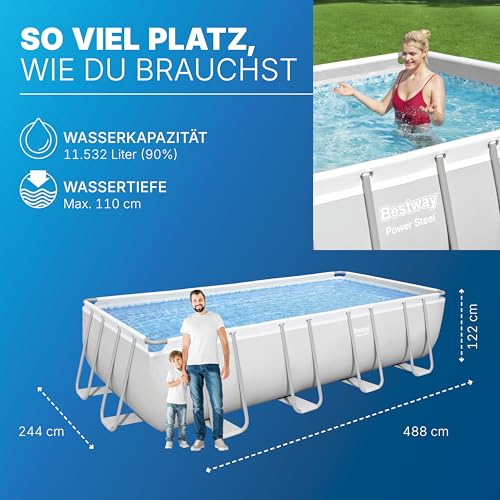 Bestway Power Steel Frame Pool Komplett-Set mit Sandfilteranlage 488 x 244 x 122 cm, lichtgrau, eckig – Bild 3