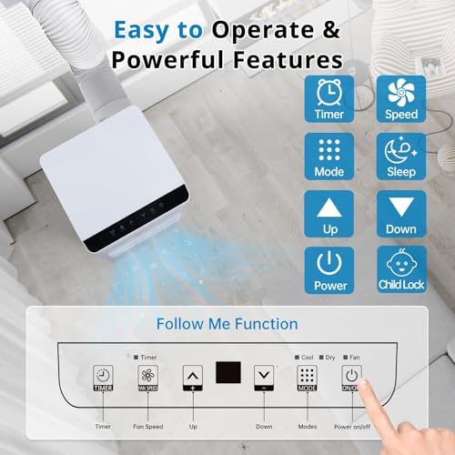 7000 BTU Mobiles Klimagerät mit Abluftschlauch für 30–40 m², leiser 4-in-1 Raumkühler mit Entfeuchtung, Ventilation und Follow-Me, R290, 24h-Timer, Fernbedienung, Fenster-Set, Energieklasse A – Bild 3