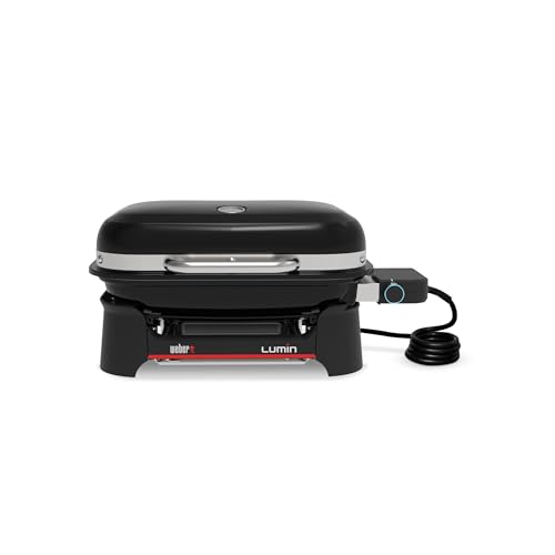 Weber Lumin Kompakt Tragbarer Elektrogrill, Heizt bis 315°C, mit Deckelthermometer, porzellanemaillierten Gusseisenrosten, 43 x 32 cm Grillfläche, schwarz (1502012)