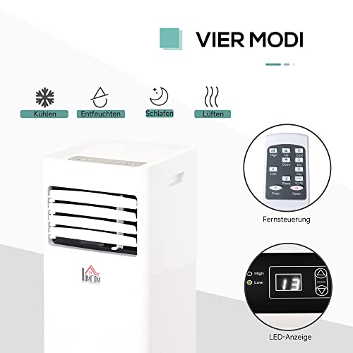 HOMCOM Mobile Klimaanlage, 7000BTU 3-in-1 Klimagerät - Kühlen, Entfeuchtung und Ventilation – Luftentfeuchter, Ventilator, mit Fernbedienung 24h Timer, 2 Geschwindigkeitsstufen, für 10-15 m², Weiß – Bild 3