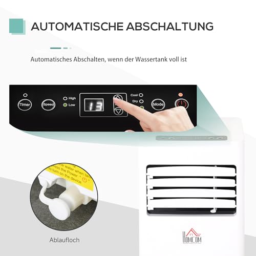 HOMCOM Mobile Klimaanlage, 7000BTU 3-in-1 Klimagerät - Kühlen, Entfeuchtung und Ventilation – Luftentfeuchter, Ventilator, mit Fernbedienung 24h Timer, 2 Geschwindigkeitsstufen, für 10-15 m², Weiß – Bild 5