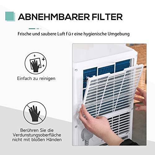 HOMCOM Mobile Klimaanlage, 7000BTU 3-in-1 Klimagerät - Kühlen, Entfeuchtung und Ventilation – Luftentfeuchter, Ventilator, mit Fernbedienung 24h Timer, 2 Geschwindigkeitsstufen, für 10-15 m², Weiß – Bild 6