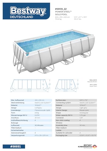 Bestway Power Steel Ersatz Frame Pool ohne Ersatz Frame Pool 404 x 201 x 100 cm, lichtgrau, eckig – Bild 12