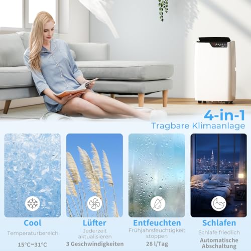 HOMCOM Mobiles Klimagerät mit Abluftschlauch 12000 BTU 3,5 kW, 4-in-1 Mobile Klimaanlage mit Kühlen, Ventilieren, Entfeuchten, Schlafmodus, WLAN-Sprachfernbedienung, Timer, für Räume bis 35㎡ – Bild 4