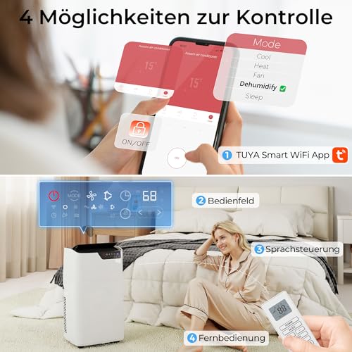 HOMCOM Mobiles Klimagerät mit Abluftschlauch 12000 BTU 3,5 kW, 4-in-1 Mobile Klimaanlage mit Kühlen, Ventilieren, Entfeuchten, Schlafmodus, WLAN-Sprachfernbedienung, Timer, für Räume bis 35㎡ – Bild 5