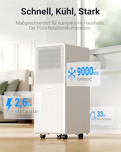 KresicoKlima Mobile Klimaanlage 9000 BTU, Klimaanlage mobil mit Abluftschlauch, Mobiles Klimagerät mit Abluftschlauch für Räume bis zu 33m²/90m³, Klimagerät mit Timer, R290, weiß – Bild 2