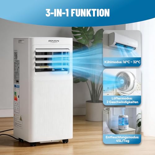 ROVSUN 3 in 1 Klimaanlage Mobil 7000 BTU mit Abluftschlauch, Moiles Klimagerät mit Kühl-, Entfeuchtungs- und Lüftungsfunktion, Mini Klimaanlage mit LED-Display & Fernbedienung & APP, 24H-Timer – Bild 3