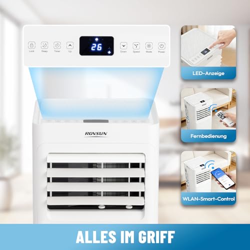 ROVSUN 3 in 1 Klimaanlage Mobil 7000 BTU mit Abluftschlauch, Moiles Klimagerät mit Kühl-, Entfeuchtungs- und Lüftungsfunktion, Mini Klimaanlage mit LED-Display & Fernbedienung & APP, 24H-Timer – Bild 4