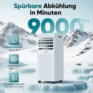 Alternative view of Klimaanlage Mobil 9000 BTU, 3-in-1 Mobile Klimaanlage mit Abluftschlauch,Kühlen,Entfeuchten, Luftzirkulation, LED Display&Fernbedienung, 24h-Timer, Leise&Energieeffizient, Für Räume bis zu 90 m³(33㎡）